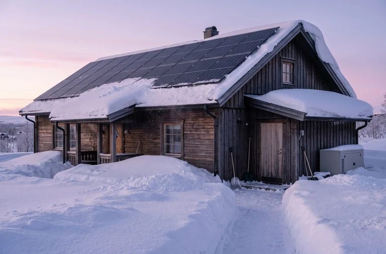 Hus i Norrbotten med solceller på taket, djup snö och lågt vinterljus